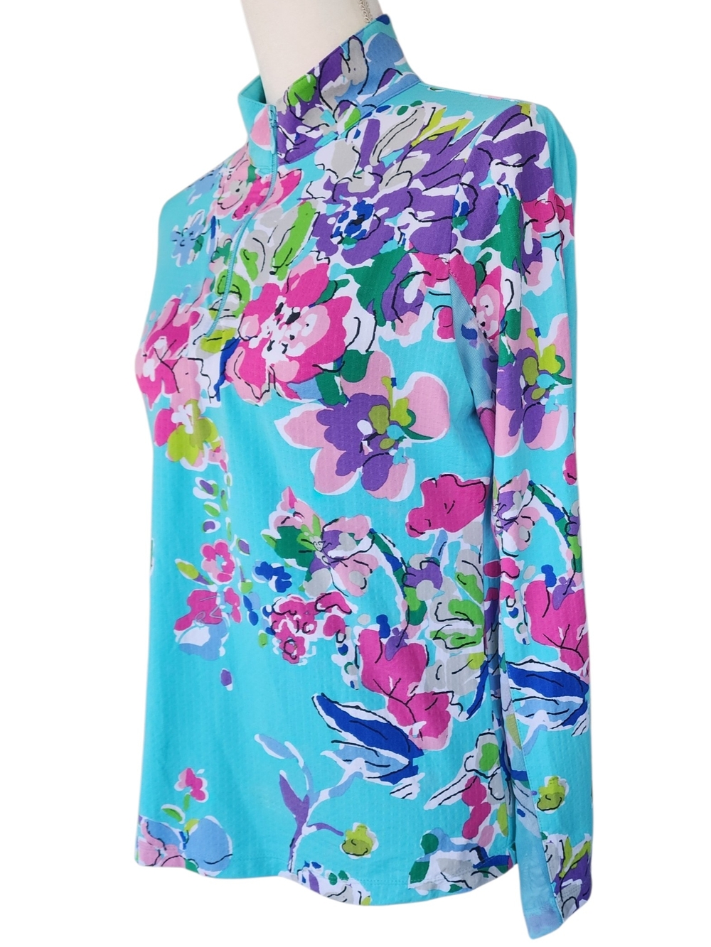 IBKUL Aqua Floral Mock-Neck Long Sleeve Top - Picture 6 of 9